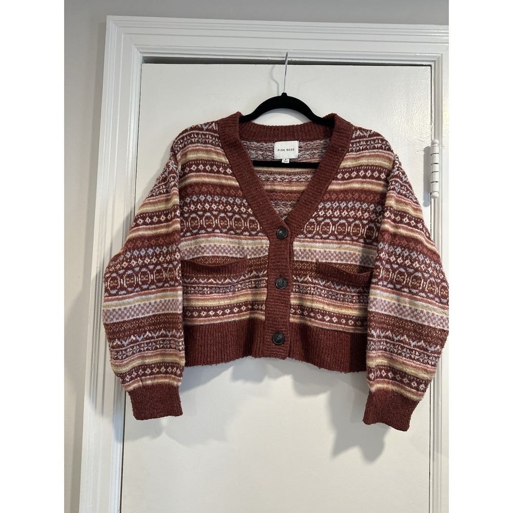 Pink Rose Boho Striped Geometric Vneck Button Cardigan Sz:S Maroon Cream Knit